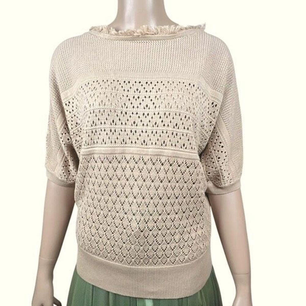 NWT Kobi Halperin Tan Open Stitch Fringe Pullover Sweater Top S